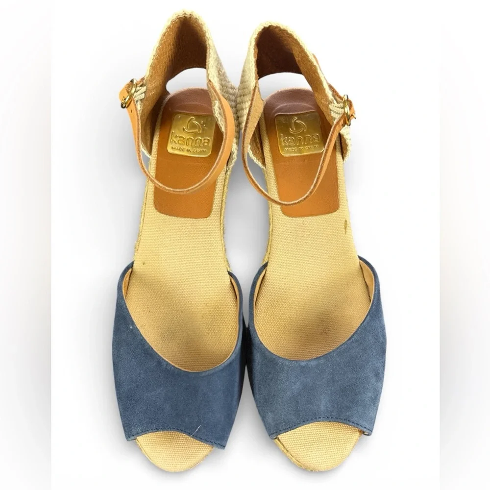 Kanna Women's Ankle Strap Wedge Espadrille 4207 Sandal Blue Suede Tan Sz 39 / 8